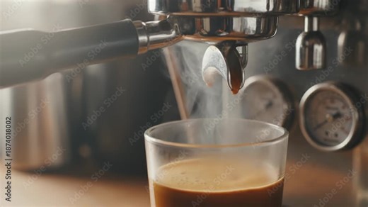 Rich espresso coffee machine steam crema hot drink glass cup morning cafe barista brewing portafilter glass cup crema hot drink brewing kitchen