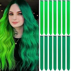 Green Hair Extensions Clip in 14 PCS, 22 In Colored St Patricks Day Party Highlights,Synthetic Long Straight Colorful Hairpieces for Girls Women Kids Cosplay Gift(Neon Green/Forest Green)