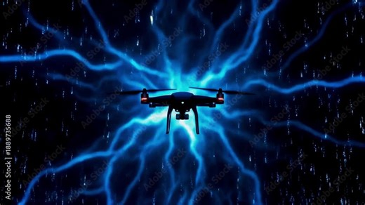 Drone slams EMP pulse at close range, energy burst looping flawlessly, electric blue glow, 8K, 2026