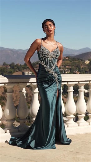 Elegant Crystal Satin Dress CM383 in Peacock