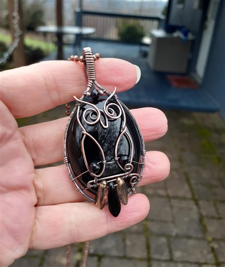 Obsidian Owl Pendant, Copper Wire Wrapped Necklace, Czech Glass Feathers - Etsy