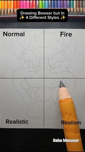 Drawing Bowser From Super mario ✨ in 4 different styles ✨ #shorts #supermariogalaxy #drawing