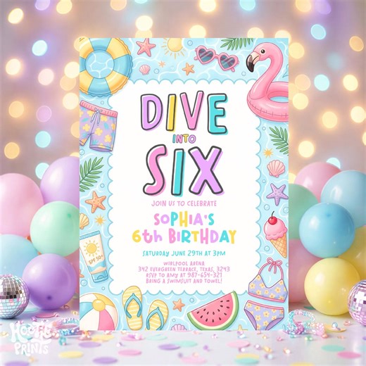 Dive Into Six 6th Birthday Pool Party Invitation, Girls Pool Party Invite, Editable Summer Swim Birthday, Dive Into Six Template - Etsy