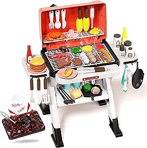 Kids Play Kitchen Toys, Outdoor BBQ Grill Playset with Smoke Sound & Light, Pretend Food Toys Barbecue Cooking Set for Toddlers Boys Girls 3 4 5 6 7 8