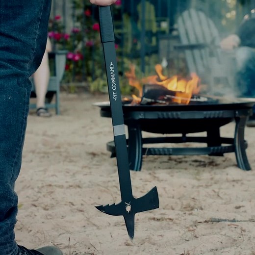 The Pit Command Commander is an all-in-one fire pit tool that gives you complete dominion over your flame. Featuring stainless steel construction, a smasher, a hook with large serrations, and custom molded grips. The fire is yours to command. | Pit Command | Facebook
