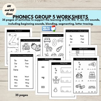 Phonics Group 5 Letter Sounds Worksheets, Z W NG V OO Activities, CVC words,