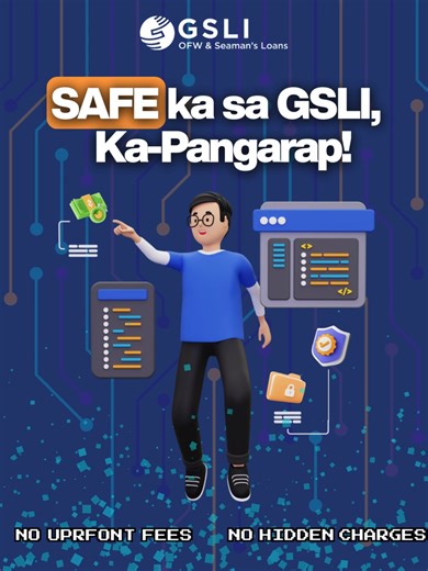 Choose a safe OFW and seaman's loan provider katulad ni GSLI!🔒 No upfront fees and hidden charges. GSLI carefully handles your documents and safe payment channels to choose from. For a secure loan process, please reach out to us. --- TRANSPARENCY & SAFETY REMINDER: Global SME Loans is a duly licensed lending company (SEC Registration No. CS201806083). Our company DOES NOT REQUIRE ANY UPFRONT FEES OR PAYMENT PRIOR TO RELEASE. If anyone asks you for an initial payment, it is a scam. Always transa