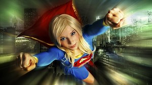 Enji Night as Supergirl flying over a city Rare Gallery wallpaper