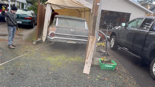 Well today’s job was to drag the ‘62 Ford Ranch Wagon out of the tent after more than seven years of sitting and replace it with the 1962 Chevy Bel Air Bubbletop ….it was fun. All the tires were flat and the back tires were rotted and wouldn’t hold air. Same for front. All four were swapped out and then the both rear wheels were seized….in the video here the front tires are still flat as we couldn’t get room to swap them and we hoped the rear wheels would brake loose…one did but we ended up havi