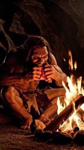 Ancient tribe man eating cooked meat around a fire circle, surrounded by others, forest setting.