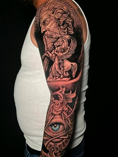 Mythology meets realism 🏛️👁️ From the Greek god portrait to Pegasus, the all-seeing eye, and ornamental details — this full sleeve is built with precision, smooth black & grey shading, and elite-level detail. This isn’t just a tattoo… it’s a statement piece. If you’re looking for a high-end custom sleeve in Miami, this is your sign. 📍 Detail Tattoo Shop | Miami, FL 🎯 Black & grey realism specialists 📲 DM “SLEEVE” to book your consultation 🔗 Link in bio Would you commit to a full sleeve lik