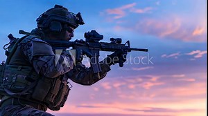 Stock photo of an armed soldier in profile, with a vibrant sunset background, depicting military readiness. AI