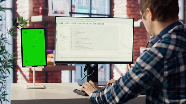 Programmer at desk typing code into computer, developing software programs, consulting green screen tablet. Man in home office fixing errors in application using chroma key device and PC, camera B