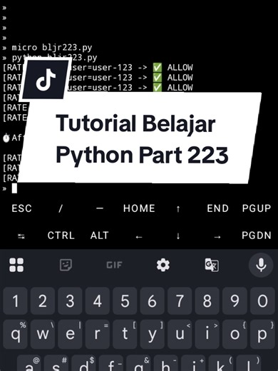 Tutorial Belajar Python Part223 untuk pembelajaran pemula. Materi — Distributed Rate Limiter (Token Bucket) 1️⃣ Judul Materi Membangun Distributed Rate Limiter (Token Bucket Algorithm) dengan Python 2️⃣ Penjelasan Materi Rate Limiter membatasi jumlah request agar: Server tidak overload Mencegah abuse / DDoS Menjaga fairness antar user Dipakai di dunia nyata oleh: API Gateway Cloudflare Nginx Kubernetes Ingress Versi distributed artinya: Banyak node Limit konsisten Tidak bisa di-bypass pindah ser