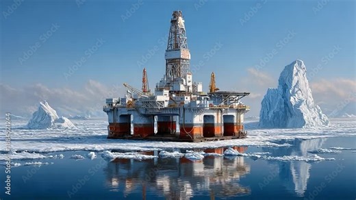 Arctic Oil Rig: A towering oil rig stands majestically amidst the icy expanse of the Arctic, its imposing structure mirrored in the serene waters below.