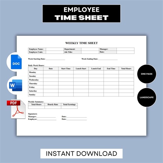 Printable Time Sheet, Employee Time Sheet Log, Google Docs Word PDF, Weekly Working Hours Tracker, Weekly Time Sheet, Digital Download - Etsy UK