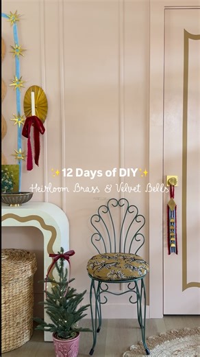 Brit Arnesen | Interior Design • Home Decor • DIY on Instagram: "✨Day 9 of 12 Days of DIY: Heirloom Brass & Velvet Bells✨ I’m on the fence about this one! My inspiration was a mix of vintage Swedish cowbell and an antique bell pull with floral accents, but I couldn’t find the perfect ribbon for the look I had in my head. Honest opinions, please! Do you love the blue / red combo, or should I try again with floral ribbon?👇🏼 __________________________________ 🔔 The Bell Rail Hack: The key to get