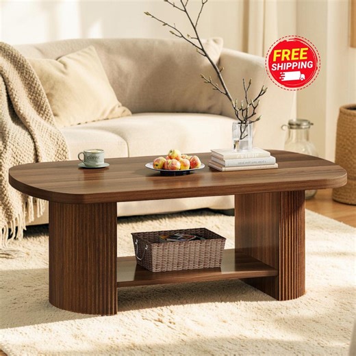 45" Oval Coffee Table: Modern 2-tier Center Table With Fluted Base Storage - Etsy