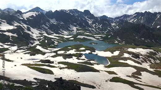 Time lapse glacial lakes amid melting snow on high altitude alpine meadows, spring mountains. Fast motion icy ponds show thawing drifts across treeless ridges, rugged upland panorama.