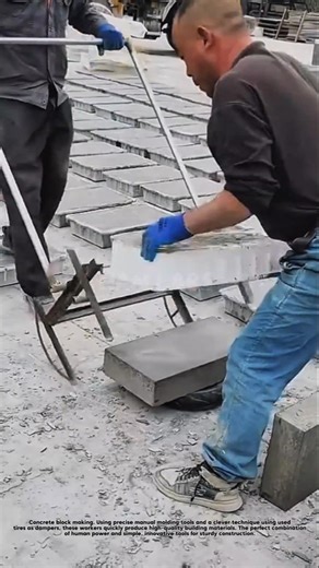 Concrete brick making, using precise manual molding tools.