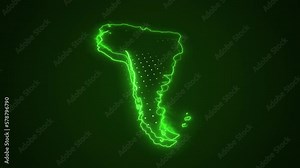 3D Neon Green South America Map Borders Outline Loop Background. Neon Green Colored South America Map Borders Outline Seamless Loop Dark Background. South America Neon Map Borders Outline.