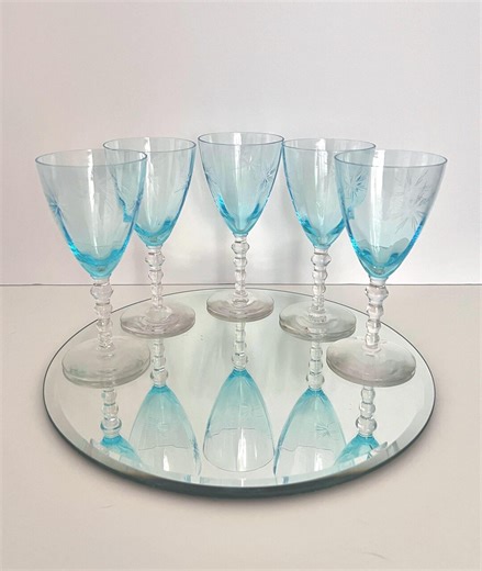Vintage Crystal Champagne and Wine Glasses Light Blue Fairy Etched | Set of 5 - Etsy