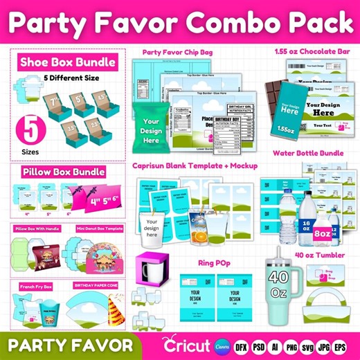 Party Favor Template Bundle, Shoe Box, Chip Bag, Water Bottle (canva Editable) - Etsy
