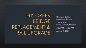 We welcome your comments regarding the Elk Creek Bridge Replacement Project! Watch the video below for more information about this project and submit your comments via email or postal mail by Aug. 20, 2021. Comments can be submitted via email to elkcreekbridge@dot.ca.gov or via postal mail to: California Department of Transportation North Region Environmental, E-4 Branch ATTN: Stephen Umbertis 1656 Union St., Eureka, CA 95501 | Caltrans District 1 | Facebook