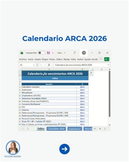 Yanina Roco Contadora Pública y L.A. (U.B.A.) on Instagram: "📆 Recurso gratuito en Excel Para contadores y estudiantes que quieren trabajar ordenados durante todo el año. Preparé este Calendario de Vencimientos ARCA 2026 en Excel para que puedas: ✔ consultar fechas de forma rápida ✔ tener los vencimientos ordenados por impuesto ✔ trabajar con un formato que facilita su utilización 🎁 Acceso gratuito 👉 Comentá CALENDARIO y te lo envío por DM. Guardalo porque lo vas a usar t