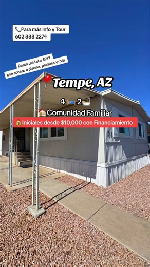 🏠Comunidad Familiar Chaparral Village - Lote 312 Una cómoda casa móvil con entrada de luz natural, conveniente estacionamiento y cocina equipada que puede ser su futuro hogar en Tempe AZ 📍 🛏4 habitaciones 🛋2 baños 📐1440 sq.ft 🏠De doble ancho Cocina Equipada con isla Aire Acondicionado Central ✅ITIN? Puedes aplicar ⛱ Al ser residente de Chaparral Village tendrá acceso al parque infantil, piscina, Casa club, canchas de básquet y voleibol, salón de billar, WiFi y muchas más actividades recrea