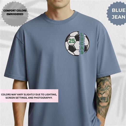 Custom Soccer Embroidered Comfort Colors Shirt, Personalized Name and Number Soccer Tee, Game Day Outfit, Soccer Player Gift - Etsy