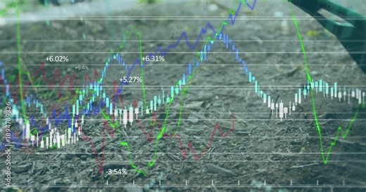 Animation of multiple graphs with numbers over close-up of rakes grading soil on land