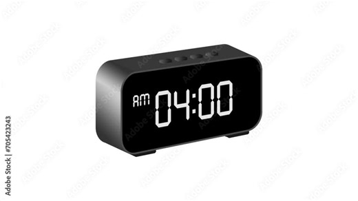 Alarm clock ringing at 4 am. animated digital alarm clock timer set to four o'clock. on transparent background, alpha channel.