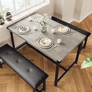 GAOMON Dining Table Set for 4, Kitchen Table with Benches, Rectangular Dining Room Table Set with 2 Upholstered Benches, 3 Piece Kitchen Table Set for Small Space, Apartment, Studio, Retro Grey