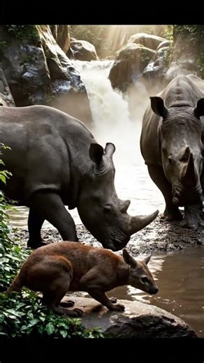 Fossa vs Black Rhinoceros on the a fast-flowing gorge below a cataract