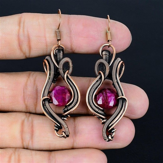Unique Red Ruby Earrings Copper Gemstone Earrings Copper Wire Wrapped Earrings Red Ruby Handmade Jewelry Dangle Earrings New Year Gift - Etsy