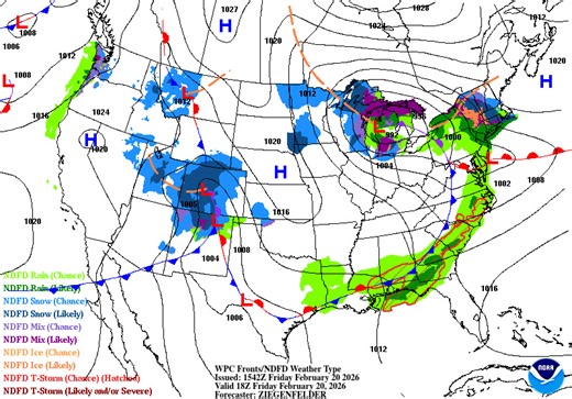 A winter storm will track across the Great Lakes and Northeast U.S. into Saturday with areas of wintry mix and heavy snow from northern New York through southern Maine. Then, during the back half of this weekend, a developing coastal low could bring wintry weather to the Mid-Atlantic and Northeast. A fair amount of uncertainty remains with this forecast, so stay tuned for updates through the weekend at weather.gov. | U.S. National Weather Service (NWS)