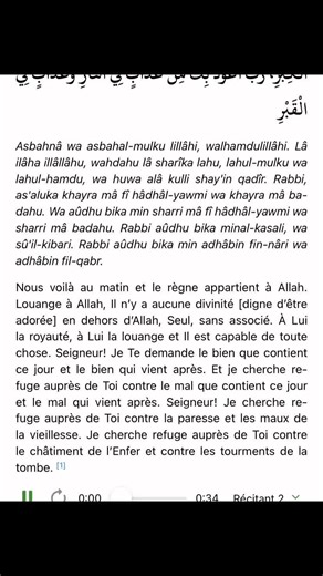 #fupシforyou #foryoupage❤️❤️ #invocation #islamic Nous voilà au matin et le règne appartient à Allah. Louange à Allah, Il n’y a aucune divinité [digne d’être adorée] en dehors d’Allah, Seul, sans associé. À Lui la royauté, à Lui la louange et Il est capable de toute chose. Seigneur! Je Te demande le bien que contient ce jour et le bien qui vient après. Et je cherche refuge auprès de Toi contre le mal que contient ce jour et le mal qui vient après. Seigneur! Je cherche refuge auprès de Toi contre 