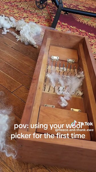 about two years after purchasing this box picker, I'm finally using it on some felted wool locks #fleeceandthankewefiberworx #fleeceandthankewe #fyp #woolpicker #boxpicker #wool #locks #woollocks #yarntok