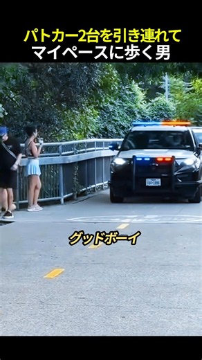 パトカー2台を引き連れてマイペースに歩く男