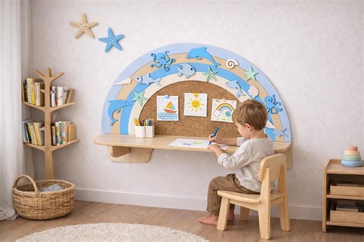 Kids Art Station Wall Desk – Kids Drawing Desk With Cork Board, Montessori Creative Art Center - Etsy