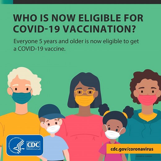 Did you know? Everyone ages 5 years and older is now eligible to get a COVID-19 vaccine. Help protect your family by vaccinating everyone who’s eligible against COVID-19 as soon as you can. You and your child may have some side effects after getting vaccinated. These are normal signs that the body is building protection. Widespread vaccination is a critical tool to help stop the pandemic and get back to the things we love. Learn more: https://bit.ly/3CJme0v. | CDC