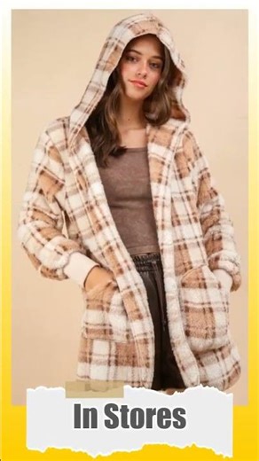 Hooded Fuzzy Plaid Jacket with Pockets for Women, 100% Polyester, Machine Wash