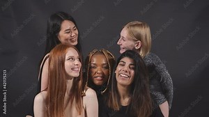 Diverse models laughing, enjoying time together, look at camera having perfect toothy smile and natural unique beauty. Stock Video