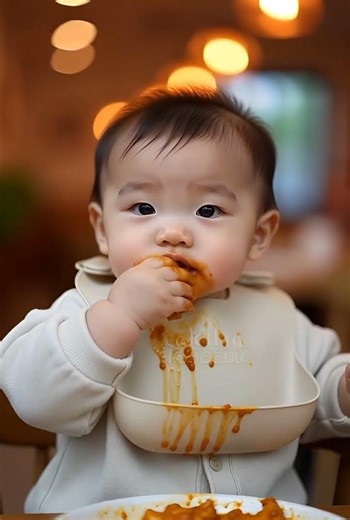 Adorable chinese baby eating chicken