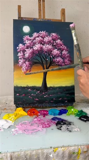 MAY Art on Instagram: "How to Paint a Beautiful Pink Tree at Sunset | Easy Acrylic Painting for Beginners #187"