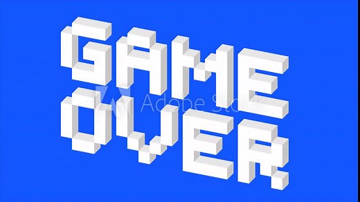Game over pixel art 3d style animation sign. Retro videogame ending screen. HD motion graphics.