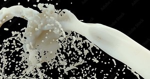 Falling milk splash 3d realistic footage. White liquid splatter motion video. Flowing milkshake on black background. Pouring fluid close up, natural refreshment product movement animation