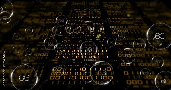 Binary code and 6G text animation over digital matrix background