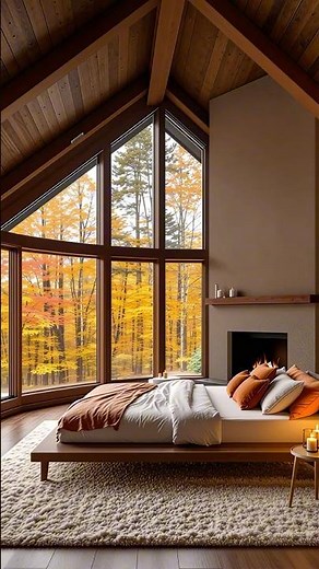Rustic Autumn Cabin Bedroom with Fireplace | Cozy Fall Aesthetic & Warm Lighting